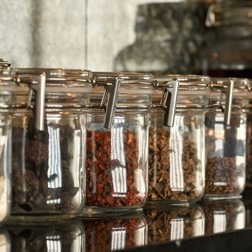 Herbal medicines lined up on the counter