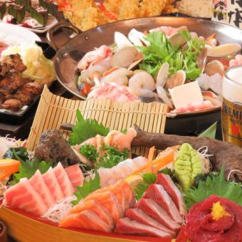 【11月】海鮮5種舟盛り,薩摩知覧鶏たたき,鶏塩ちゃんこ鍋など全9品5000円コース<３時間飲放題付>