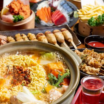 辣味拉面火锅 & 5 道豪华刺身烤鸡串拼盘 [辣味拉面配鲜肉丸] 4,500 日元（含税）