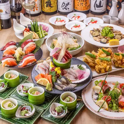 3-hour all-you-can-drink | Enjoy premium nigiri sushi and roast beef! 9-course "Sakurajima Course" including sashimi and walnut-grilled Spanish mackerel: ¥6,500