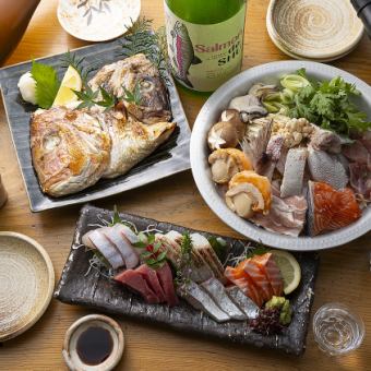 【宴会おすすめ】《飲み放題付(日本酒無し)》刺し盛り、鯛の兜焼き、海鮮ちゃんこ鍋など全7品