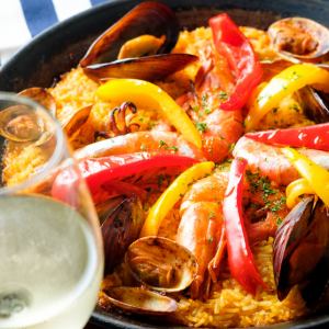 Paella with plenty of seafood