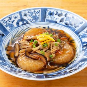 Deep fried radish with mushroom sauce