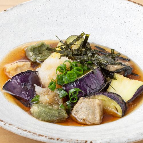 Deep-fried eggplant and fresh gluten in dashi broth