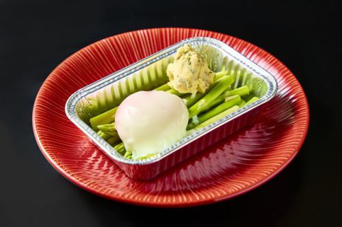 Warm egg garibata asparagus