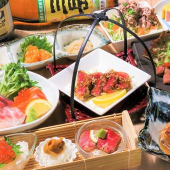 【包间保证】生鱼片4块、黑毛和牛炸肉排、豪华三色盖饭、甜点……2H无限畅饮“豪华套餐”5,500日元