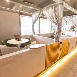 We have a designated fenced area in part of the store where you can spend time with your dog.This is a special, private seating area with ample space where your dog can relax off-leash.Two tables for 6 people, two tables for 4 people.