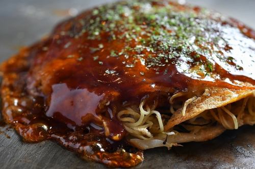 Hiroshima style okonomiyaki meatball soba