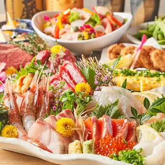 生ビール付き【特選コース】お造り2種盛りや豚バラ焼きorステーキ 4,500円 2.5時間飲み放題 9品
