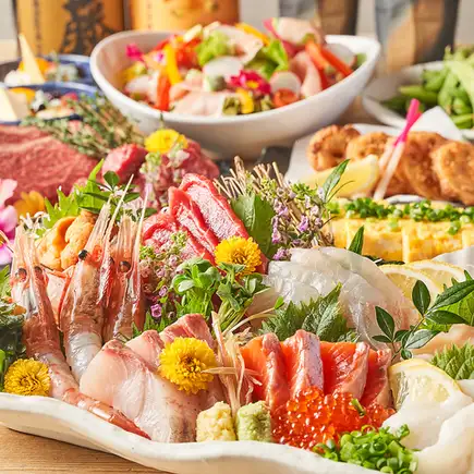 生ビール付き【特選コース】お造り2種盛りや豚バラ焼きorステーキ 4,500円 2.5時間飲み放題 9品