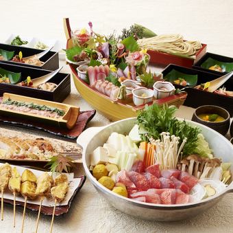 【金目鯛の海鮮ちゃんこ又は牛すき焼きコース(お宝刺し盛付)】<全7品>飲放題付5000円,