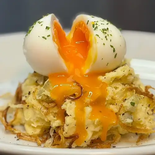 Potato salad with soft-boiled egg, pub style
