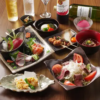 【満足コース＋生ビール含む2Ｈ飲み放題付】お造り3種盛り・串焼き2種などの逸品料理《全8品》