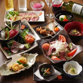 【堪能コース＋生ビール含む2Ｈ飲み放題付】お造り・串焼き・煮物・逸品料理まで味わう《全9品》