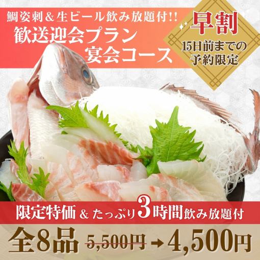 【早割3時間】歓送迎会プラン宴会コース鯛姿刺＆生ビール飲み放題5,500→4,500円※15日前迄予約