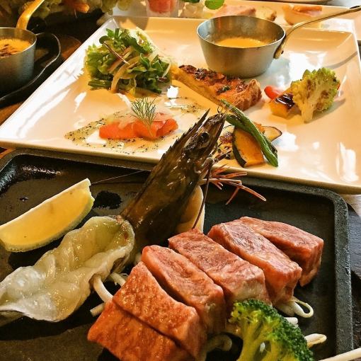 [昼夜OK]【お祝いコース大海老付】黒毛和牛ロースステーキ×大海老のコース5200円