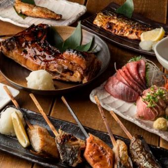 3 hours all-you-can-drink included "Tomoshibi Course" Robata skewers, wholesale fresh fish, charcoal grilled beef tongue! 9 dishes in total 6000 yen