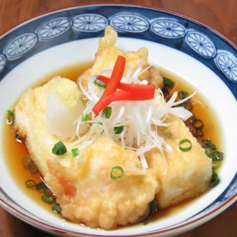 Fried tofu topped with shrimp