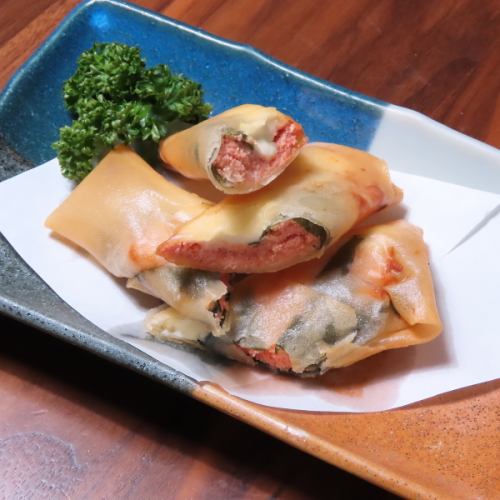 Mentaiko, cheese and shiso leaf spring rolls