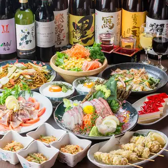 3H飲放｜本場博多牛もつ鍋と大分名物とり天、九州地鶏タタキなど全9品『春鶏コース』4,000円