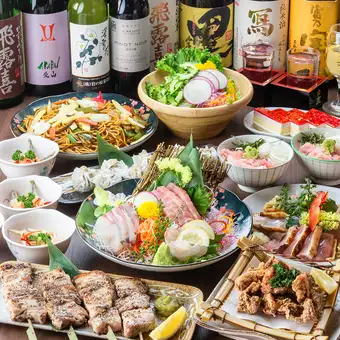 3H飲放｜九州地鶏と鮭の石狩鍋や九州地鶏の豪快炭火焼、極上刺身など全9品『赤鶏コース』5,000円