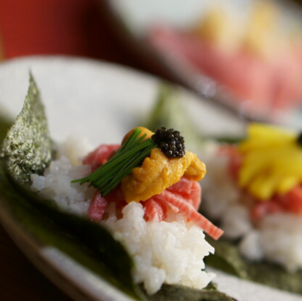 Wagyu beef yukke and sea urchin hand roll