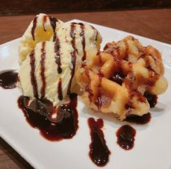 Belgian waffle with vanilla ice cream