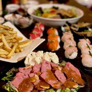 【忘新年会コース】季節の食材や豪華ローストビーフ！人気のお寿司も！お一人様5000円飲み放題付