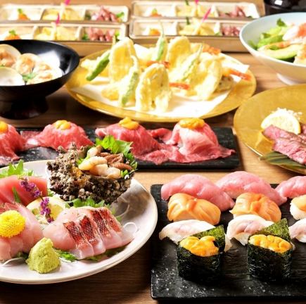 해물 특상 스시와 와규 코스 「극」기와미 전 9품 6,500엔(부가세 포함)