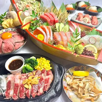 【プレミアムコース★】海鮮舟盛り+肉寿司+ステーキ等全9品 2H飲み放題付き 5000円(税込)