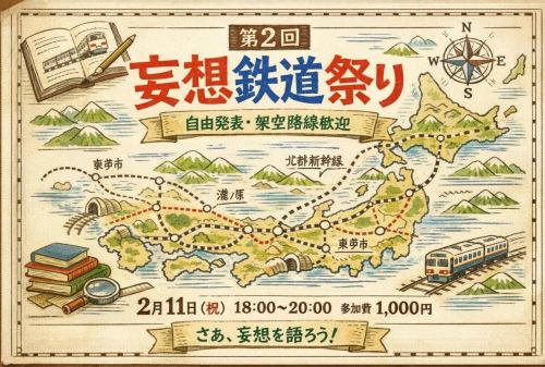 🚃💭 第2回 妄想鉄道祭り、開催決定！ 💭🚃

その路線、
現実には存在しなくていい。

幻の新幹線、
誰も止めない支線、
地形ガン無視の夢ダイヤ——

妄想こそが、いちばん自由な鉄道計画。

📍自由発表制
📍聞くだけ参加OK
📍当日飛び入り発表も歓迎

地図好き・鉄道好き・
「考えたことある…」勢、集合。

🗓 2月11日（祝）18:00–20:00
💰 参加費 1,000円
📚 地理系ブックカフェ 空想地図

さあ、妄想を語ろう。

#妄想鉄道祭り
#架空鉄道
#妄想路線
#鉄道好きと繋がりたい
#地図カフェ
空想地図
大人の文化祭