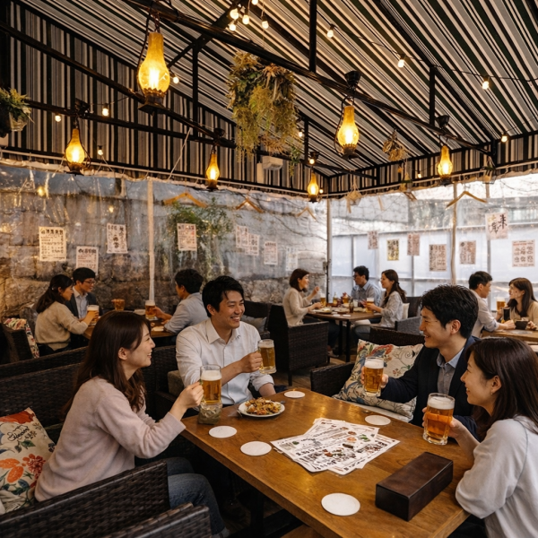 我們廣受歡迎的露台座位是一個可容納多達 20 人的開放式空間，是各種宴會的理想場所！夏季配備空調，冬季配備暖氣，一年四季皆可使用。您可以在舒適自然的氛圍中享用美食。我們還可以為 14 人及以上的團體預訂整個場地！何不與大家一起舉辦一場熱鬧的派對呢？