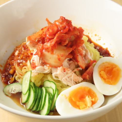 Cold noodles with chicken fillet and kimchi