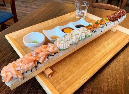 Long sushi with fresh seafood