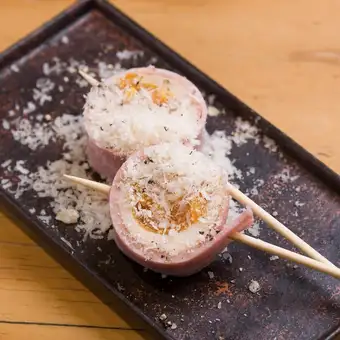 Soft-boiled egg on a skewer (carbonara)