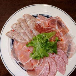 Assortment of raw ham and salami