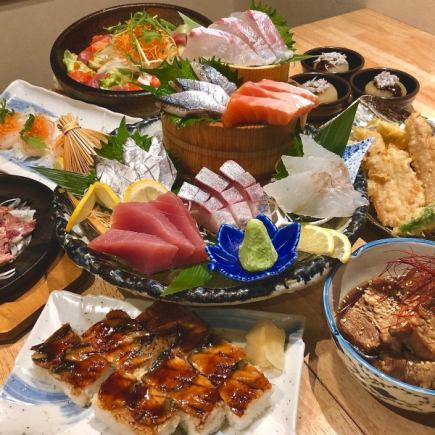 Luxury banquet [Seafood restaurant course] Sashimi, boiled conger eel tempura, Japanese black beef and seared eel sushi ◆ 120 minutes all-you-can-drink included