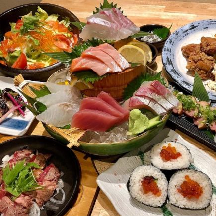 A hearty meal [Tairyo Course] with sashimi, fried shrimp, duck loin and beef loin hotplate ◆ 120 minutes all-you-can-drink included