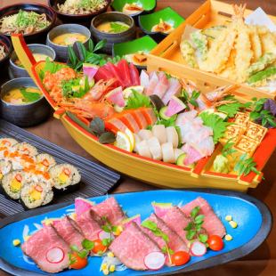 【５月月初企画】舟盛りと黒毛牛ステーキがメインのコース飲み放題付き 6000円(税込)