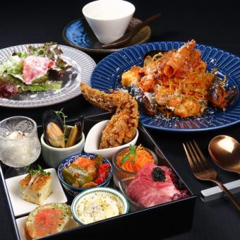 [HOTPPER Lunch Limited Menu] 9 types of appetizers and a choice of pasta or omelet rice! 1800 yen → 1600 yen