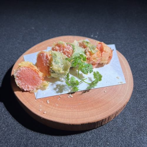 Hakata mentaiko tempura with perilla leaves