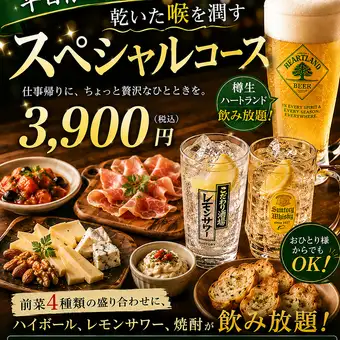 【平日限定】お酒を心ゆくまで愉しむ】90分飲み放題＆前菜盛り合わせコース 3,900円