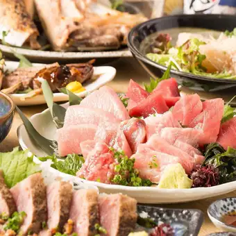 『本鮪稀少部位と特選美食コース』マグロステーキ鉄板焼含9品 2時間制飲み放題付7000円⇒6000円