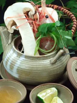 Matsutake mushroom soup in an earthenware pot (from Nagano Prefecture)