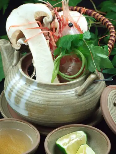 Matsutake mushroom soup in an earthenware pot (from Nagano Prefecture)