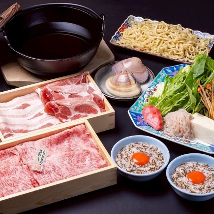 ☆新品特色菜☆寿喜烧【日本黑毛牛肉（肋眼或西冷 vs. 阿古牛肉）】配国产（大）蛤蜊和里脊肉。