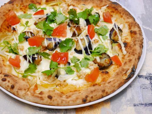 Asian pizza with spicy minced chicken and fried eggplant
