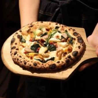 Pizza with seasonal vegetables, Yamato pork salsiccia, Camembert, and Calabrian chili peppers