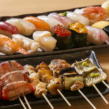 F【生ビール付き3時間飲み放題】焼き鳥&鮮魚の握り寿司食べ放題コース【5000円→4000円】