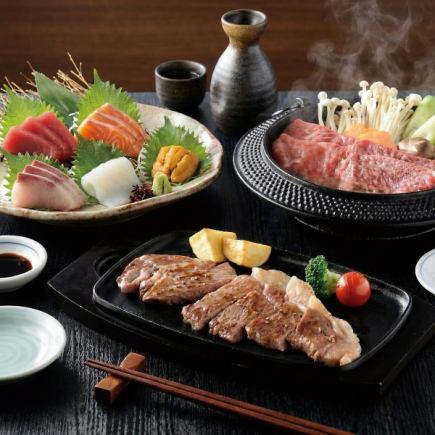 カ【生ビール付き3時間飲み放題】刺身5種・和牛ステーキ・和牛すき焼きコース【7500円→6500円】